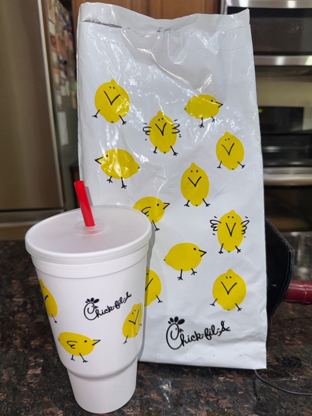 Chick-fil-A Chick Patterned Cup & Bag - White & Yellow Chick, NEW